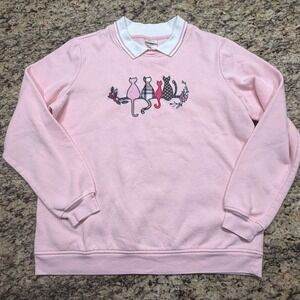 Vintage Adrian Delafield Pink Cat Embroidered Sweatshirt Collar Pullover Large